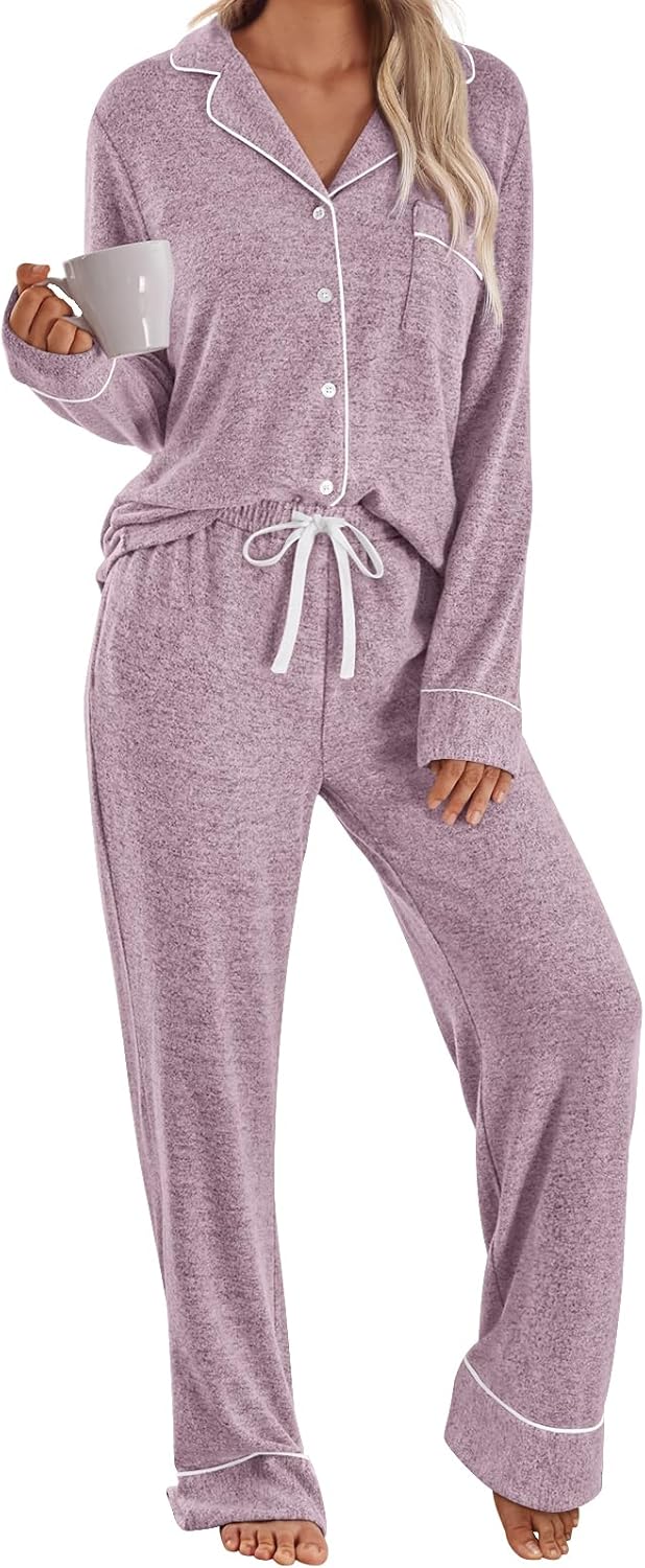 LILLUSORY Women's Long Sleeve Pajama Set - Soft Button-Down Top & Comfortable Drawstring Pants with Pockets-55