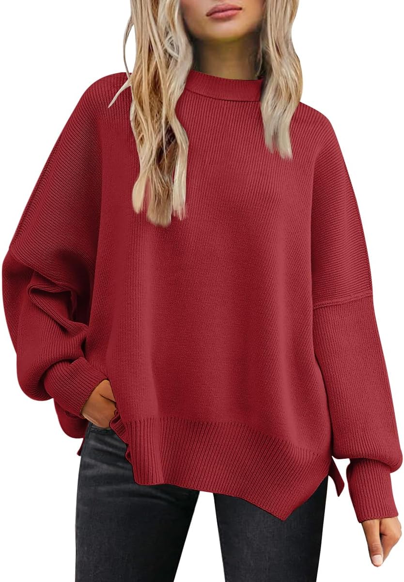 LILLUSORY Women's Oversized Batwing Sweaters 2025 Fall Outfits Trendy Crewneck Knit Side Slit Fashion Pullover Tops-87