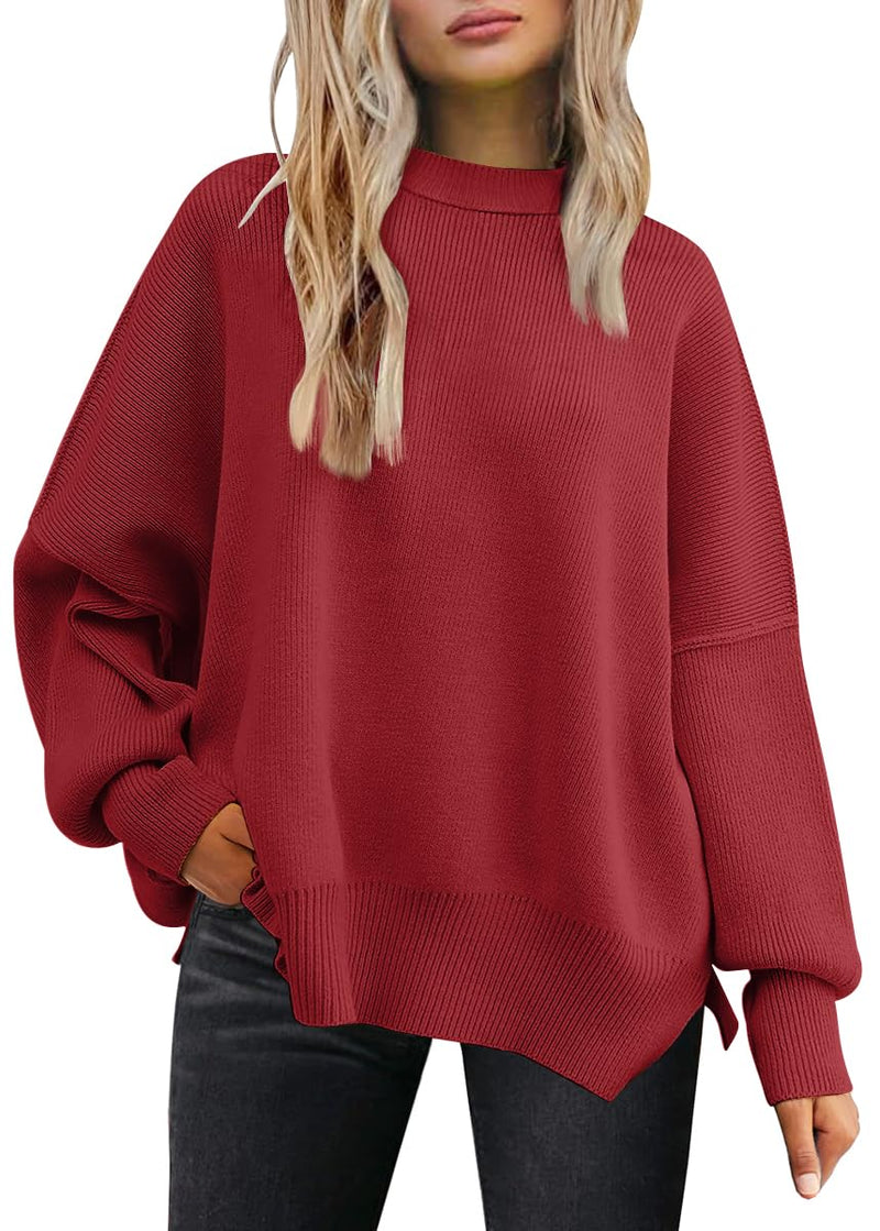 LILLUSORY Women's Oversized Batwing Sweaters 2025 Fall Outfits Trendy Crewneck Knit Side Slit Fashion Pullover Tops-82