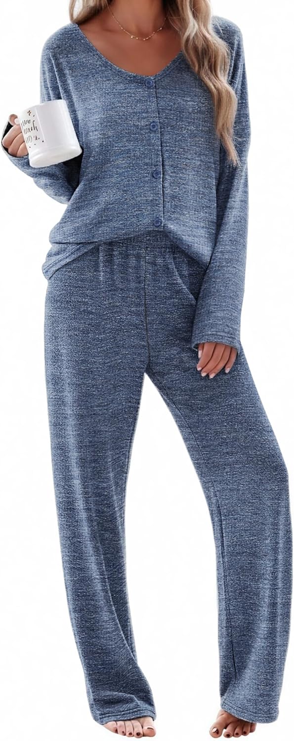 Ekouaer Womens Pajama Sets Button Up Long Sleeve Pjs Soft Lounge Set 2 Piece Sleepwear with Pockets-37