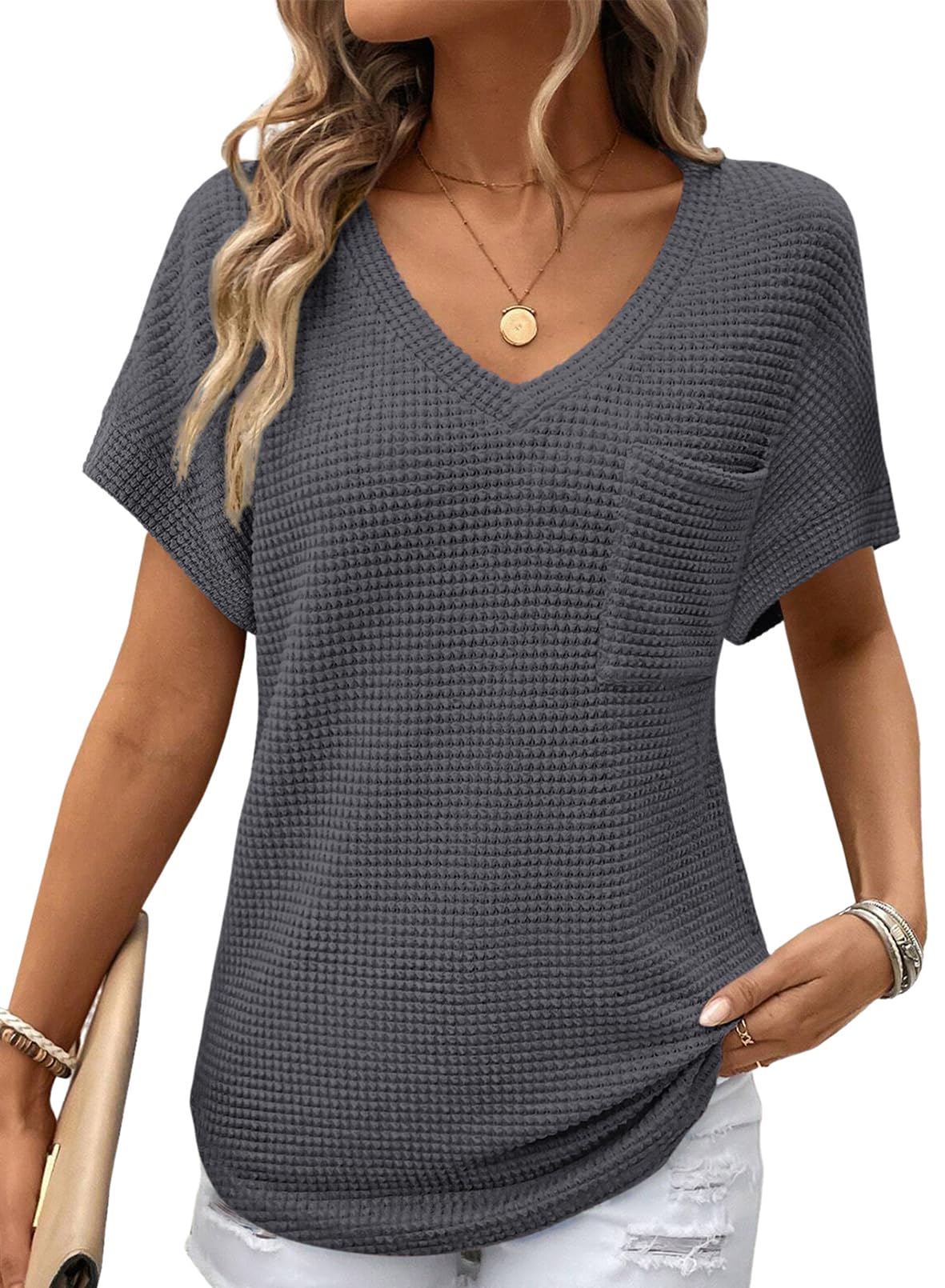 Dokotoo Womens Waffle Knit Tops 2026 Spring Summer V Neck Shirts Casual Trendy Women's Blouses Basic Tee-12