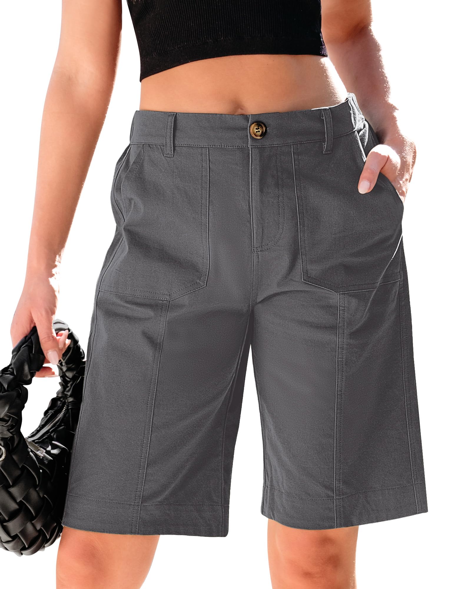 luvamia Bermuda Shorts for Women Knee Length High Waisted Cotton Elastic Waist Summer Dressy Casual Long Chino Shorts