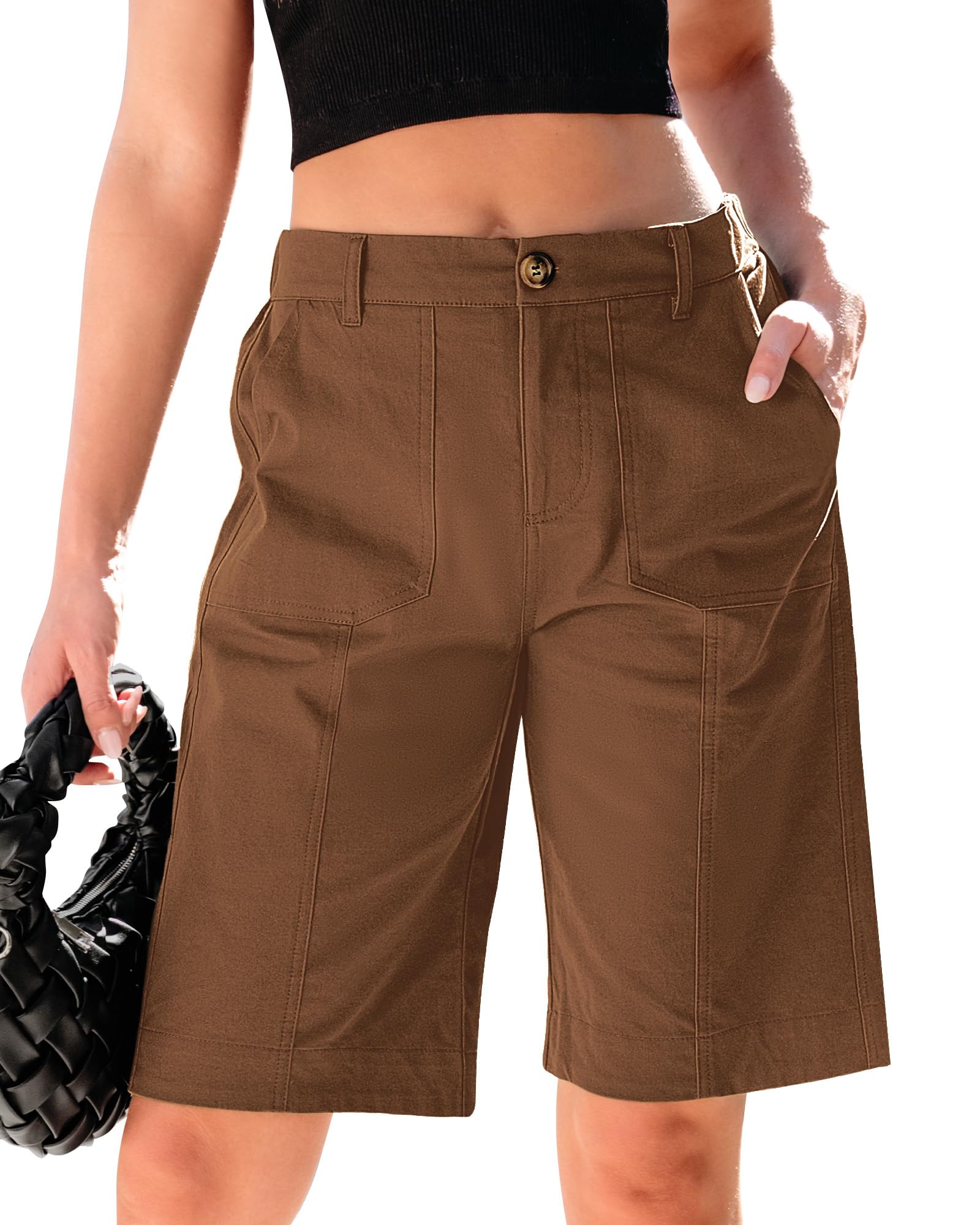 luvamia Bermuda Shorts for Women Knee Length High Waisted Cotton Elastic Waist Summer Dressy Casual Long Chino Shorts