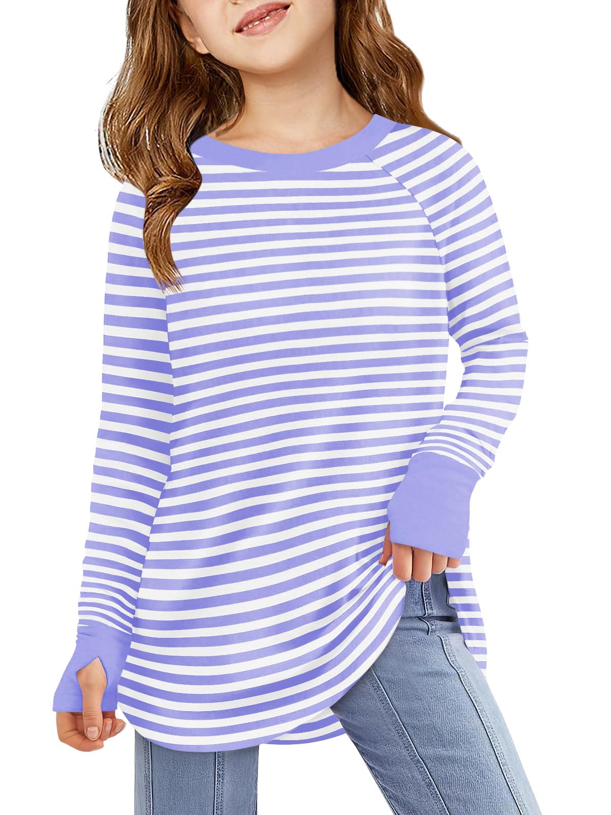 Haloumoning Girls Striped Thumb Hole Long Sleeve Shirts Kids Crewneck Tunic Tops Curved Hem Tees 5-14 Years