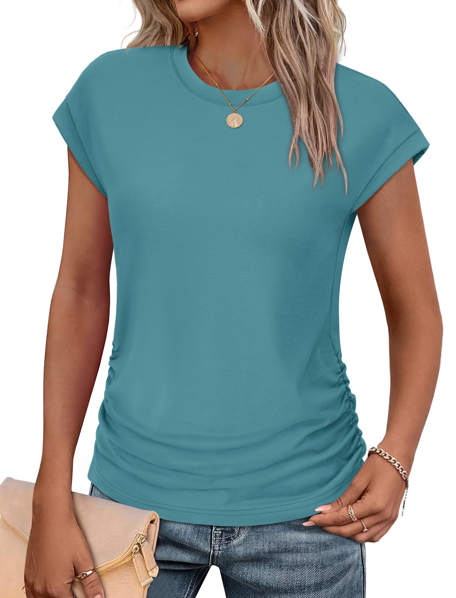 SAMPEEL Womens Summer Tops Trendy 2025 Ruched Cap Short Sleeve Tshirts Shirts Crew Neck T Shirts Fashion-13