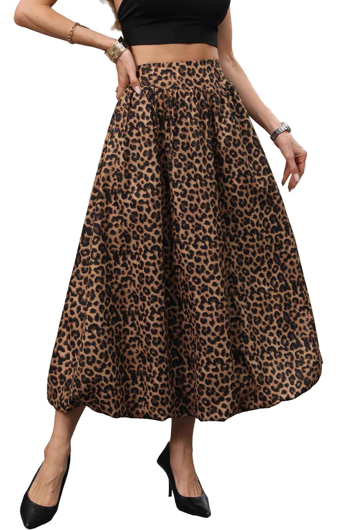 ELLEVEN Women's Bubble Maxi Skirt, Elastic Waist Puffy Hem A-Line Skirt with Pockets