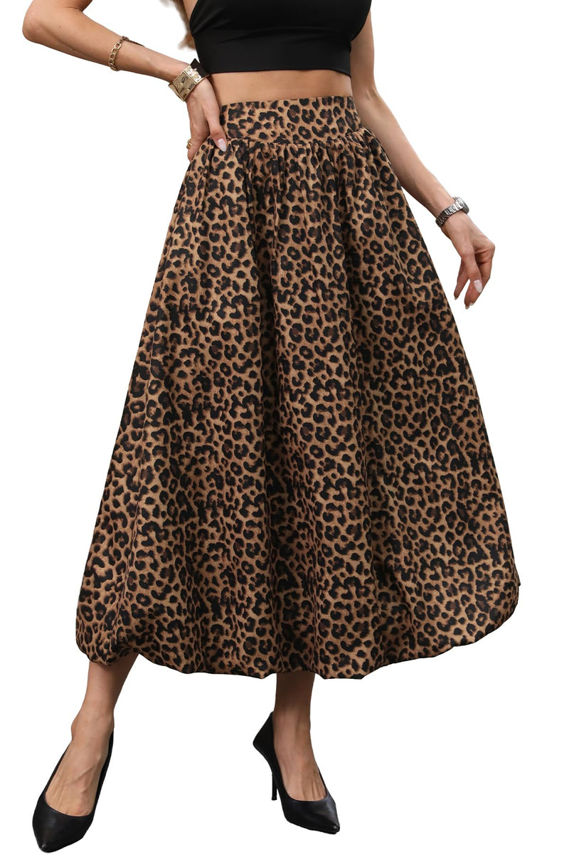 ELLEVEN Women's Bubble Maxi Skirt, Elastic Waist Puffy Hem A-Line Skirt with Pockets