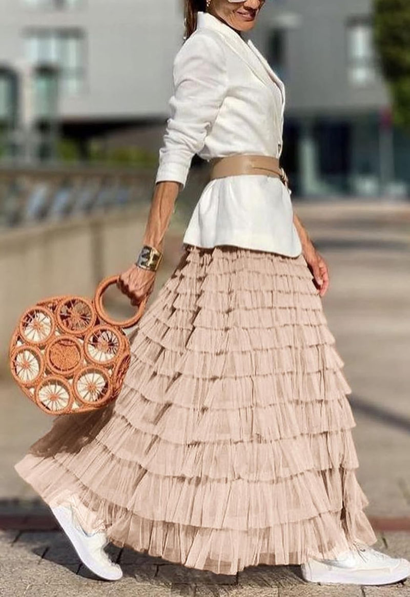 Flygo Women's Long Maxi Tulle Skirts A Line Ruffle High Waisted Tiered Layered Mesh Tutu Skirt Petticoat