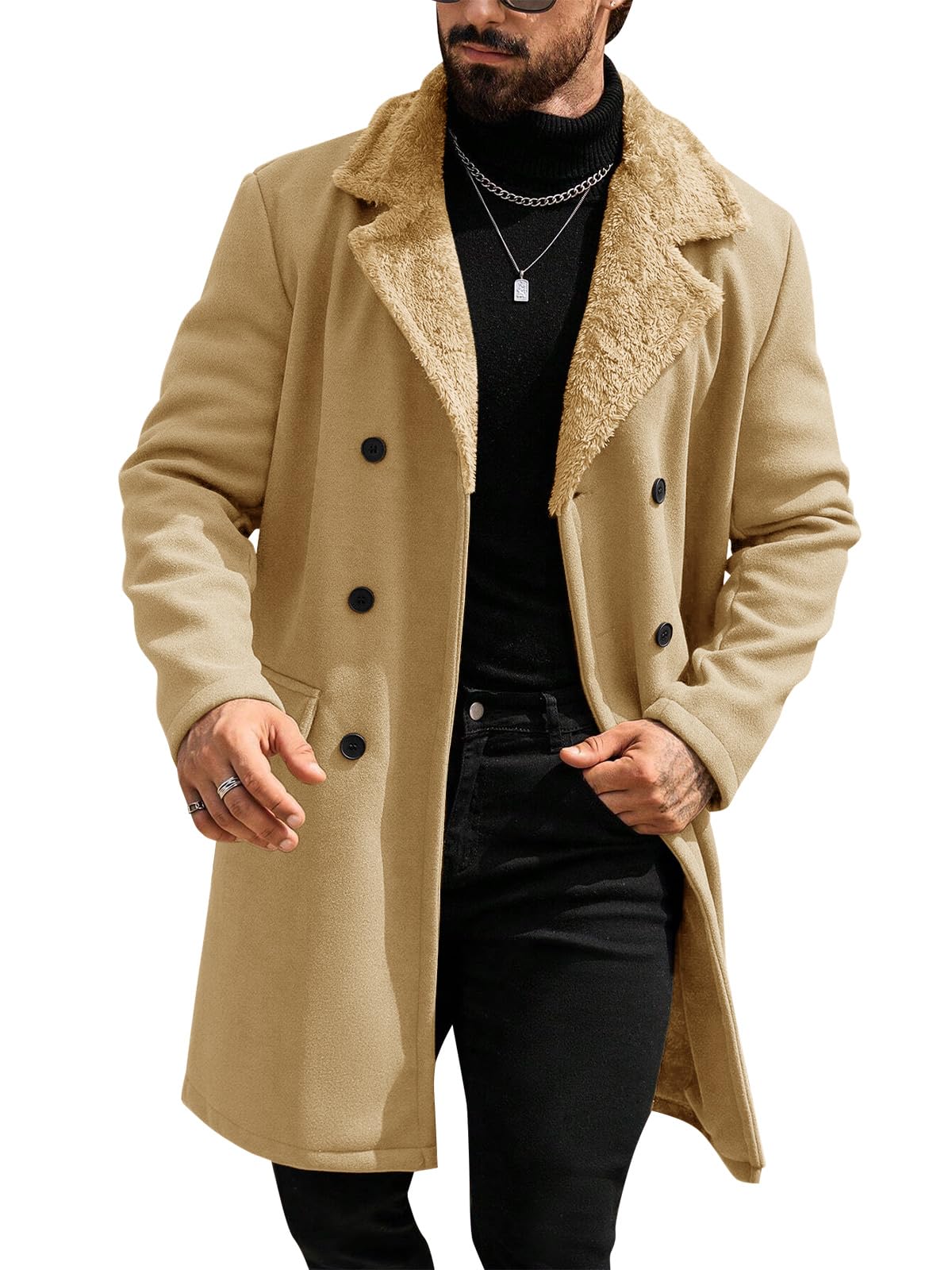 Runcati Mens Trench Coat Double Breasted Notched Collar Fleece Jacket Slim Fit Fall Winter Fuzzy Pea Coats Warm Overcoat