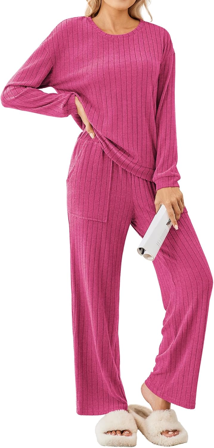 Ekouaer Lounge Sets for Women Ribbed Knit Pajama Sets 2 Piece Long Sleeve Pjs Soft Loungewear Outfits with Pockets-40