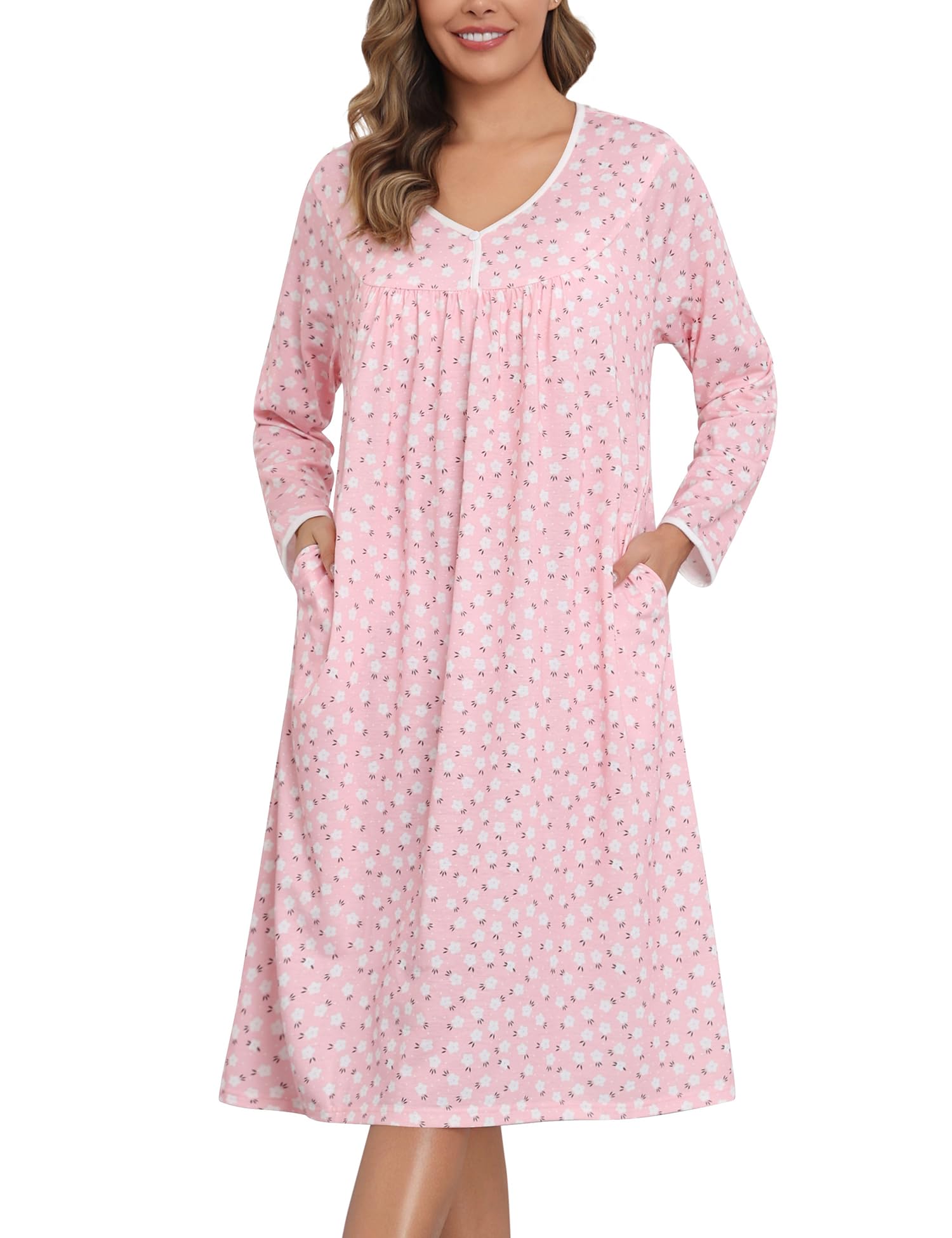 YOZLY Nightgowns for Women Soft Cotton Long Sleeve Night Gwon with Pockets-50