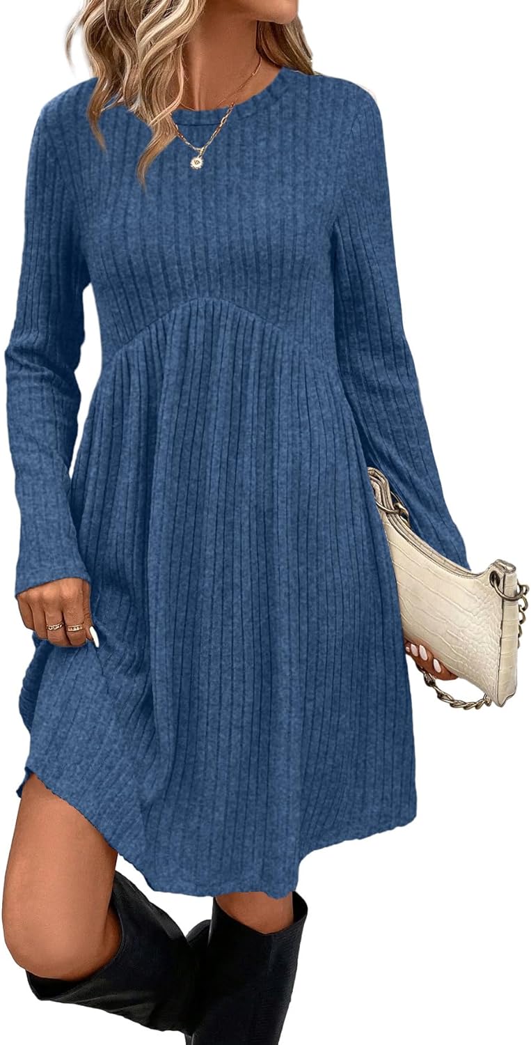 OFEEFAN Long Sleeve Dress for Women Crew Neck Empire Waist Tunic Dress with Pockets-17