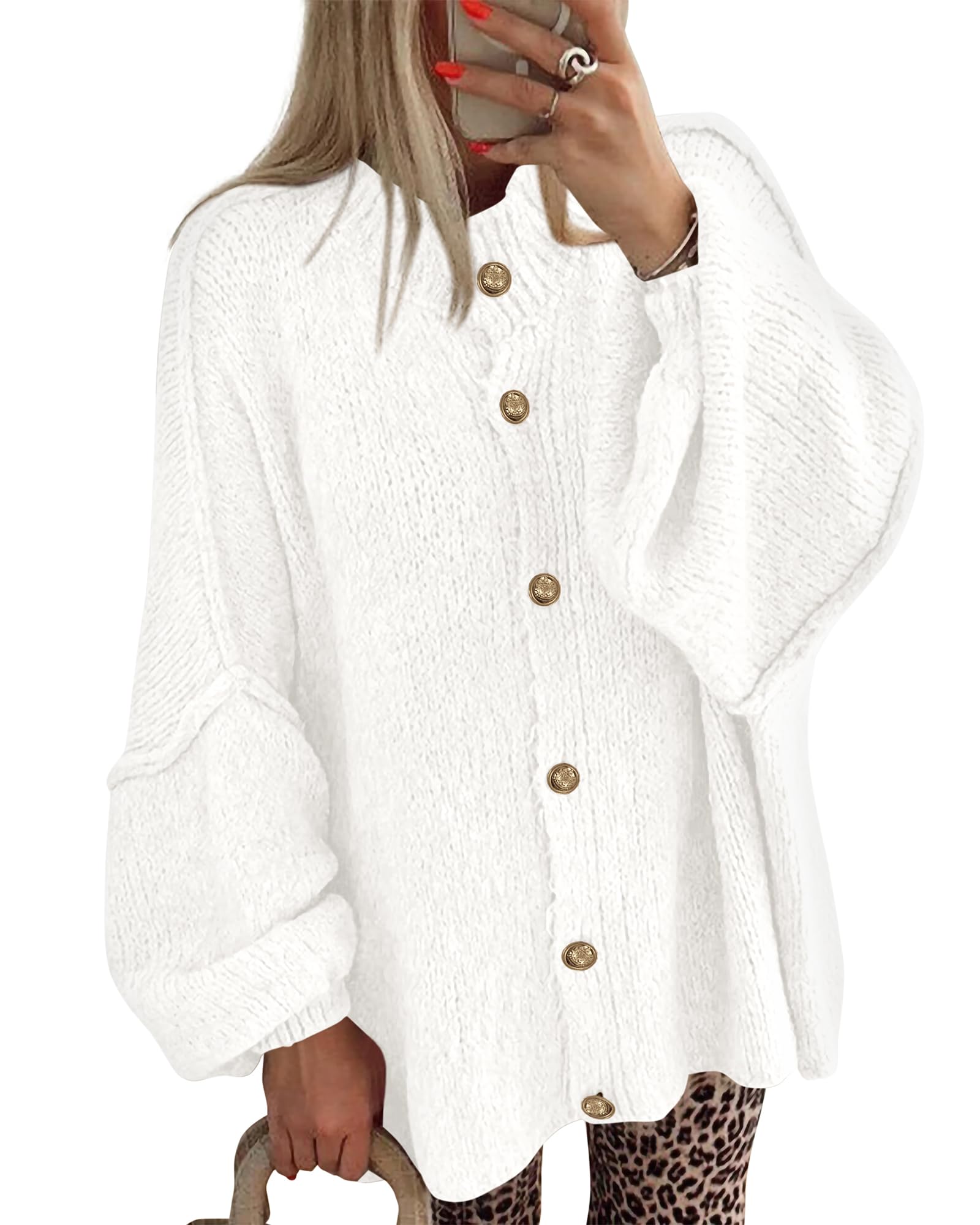 BTFBM Cardigan Sweaters for Women 2026 Fall Clothes Lantern Long Sleeve Button Open Front Chunky Knit Oversized Sweater-17