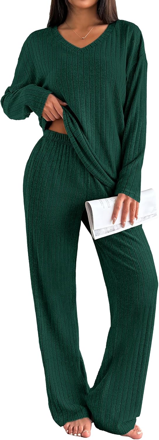 Ekouaer Lounge Sets for Women Long Sleeve Knit Ribbed Pajama Sets 2 Piece Casual Loungewear with Pockets-4