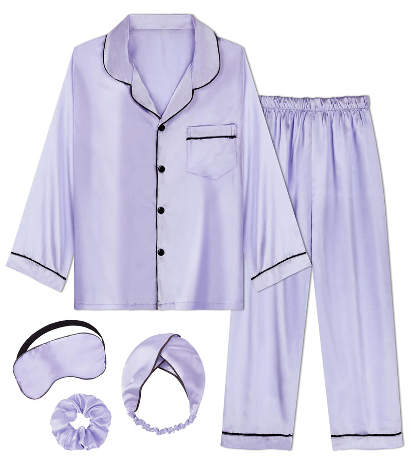EPLAZA Kids Satin Pajamas Sets Girls Boys Button-Down Silky Pajamas Sleepwear with Hairband Eye Mask Hair Tie