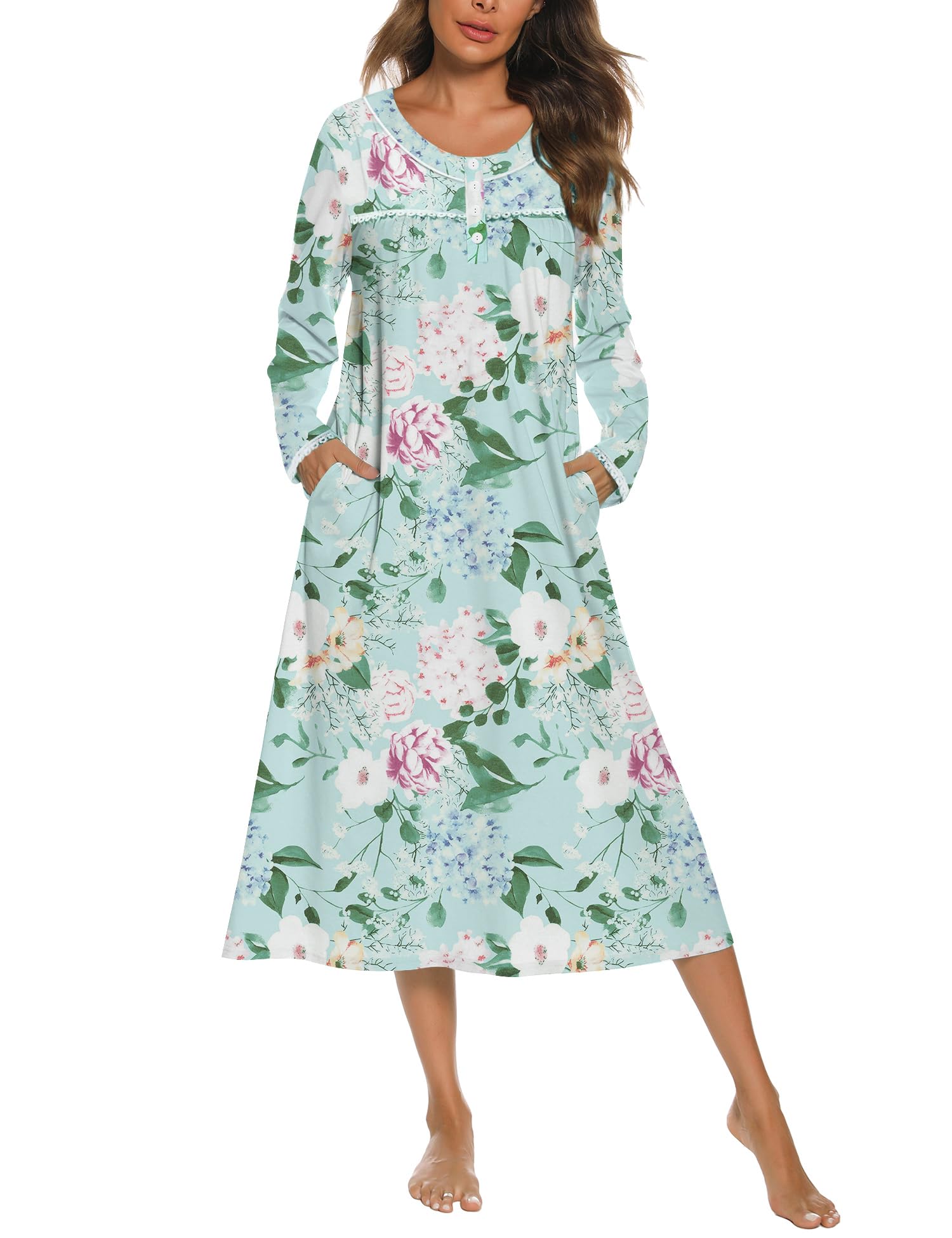 YOZLY Nightgowns for Women Soft Cotton Long Sleeve Night Gwon with Pockets-48