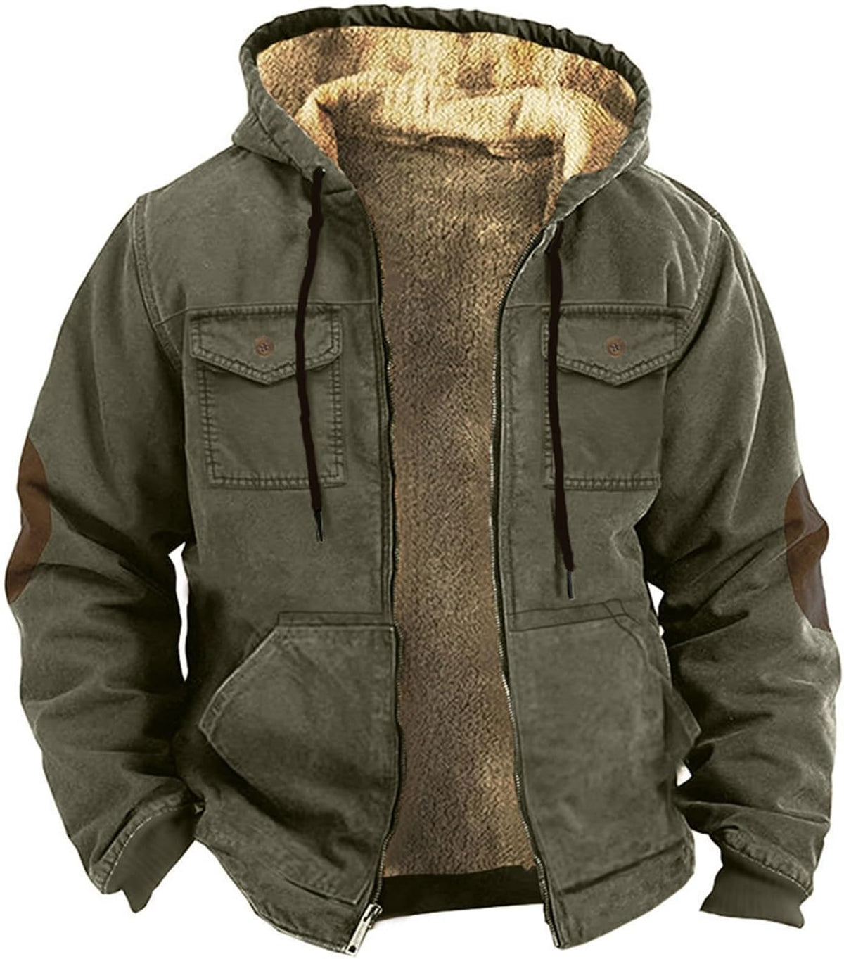 Mens Military Jackets Heavyweight Winter Hoodie Jacket Warm Fleece Sherpa Lined Coats Drawstring Zipper Hooded Outwear
