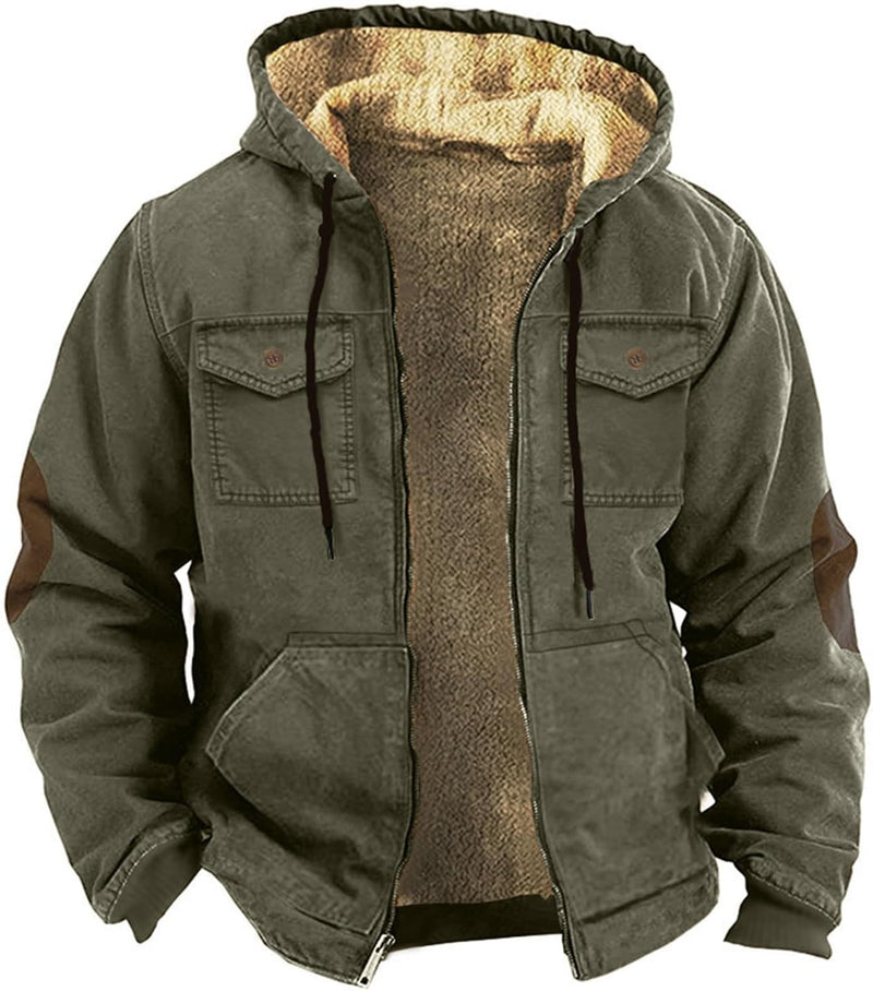 Mens Military Jackets Heavyweight Winter Hoodie Jacket Warm Fleece Sherpa Lined Coats Drawstring Zipper Hooded Outwear