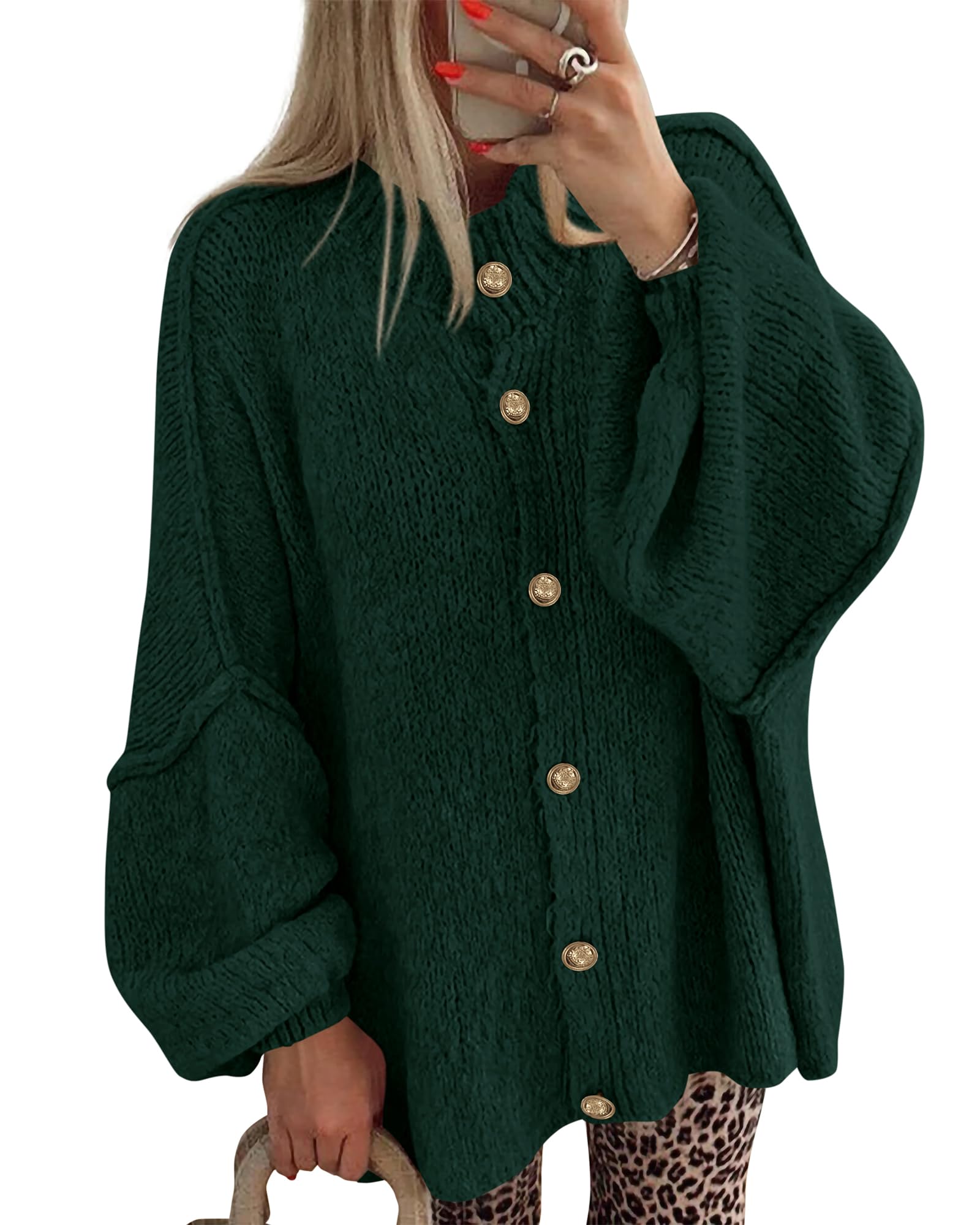 BTFBM Cardigan Sweaters for Women 2026 Fall Clothes Lantern Long Sleeve Button Open Front Chunky Knit Oversized Sweater-4