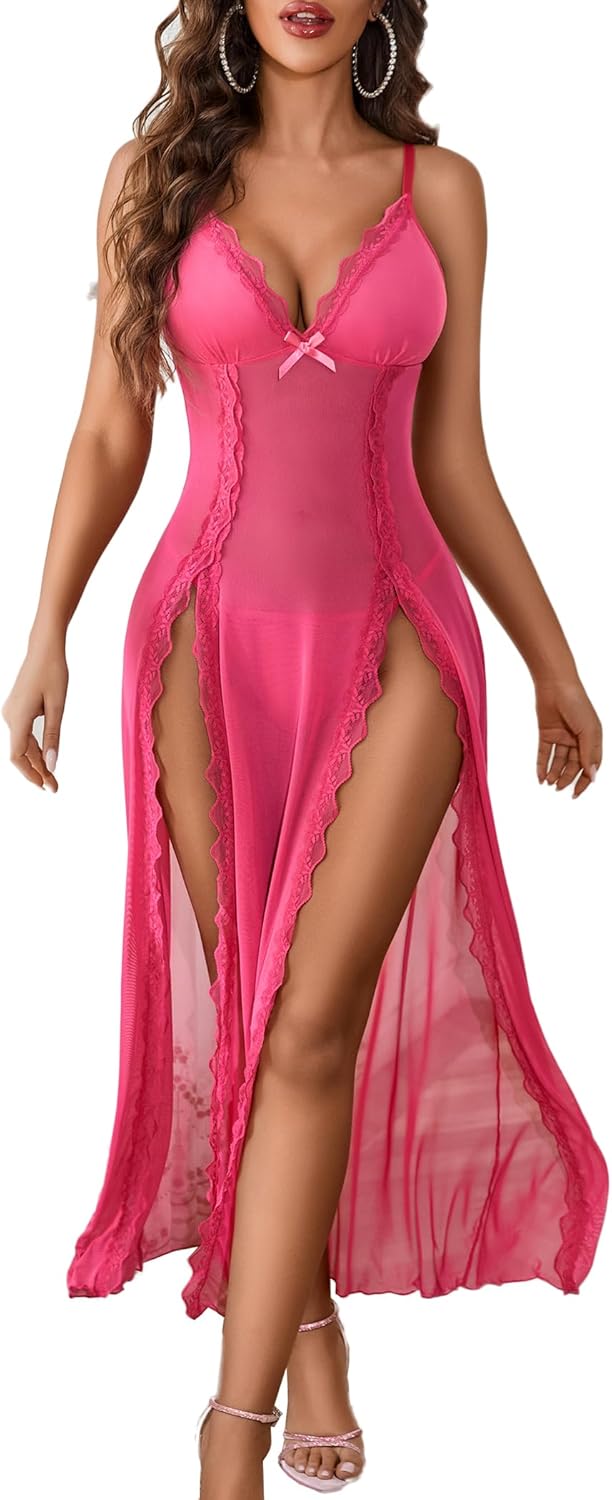 Avidlove Women Lingerie Lace Babydoll Chemise Sexy Mesh Nightdress V Neck Nightwear Side Split Nightgown-85