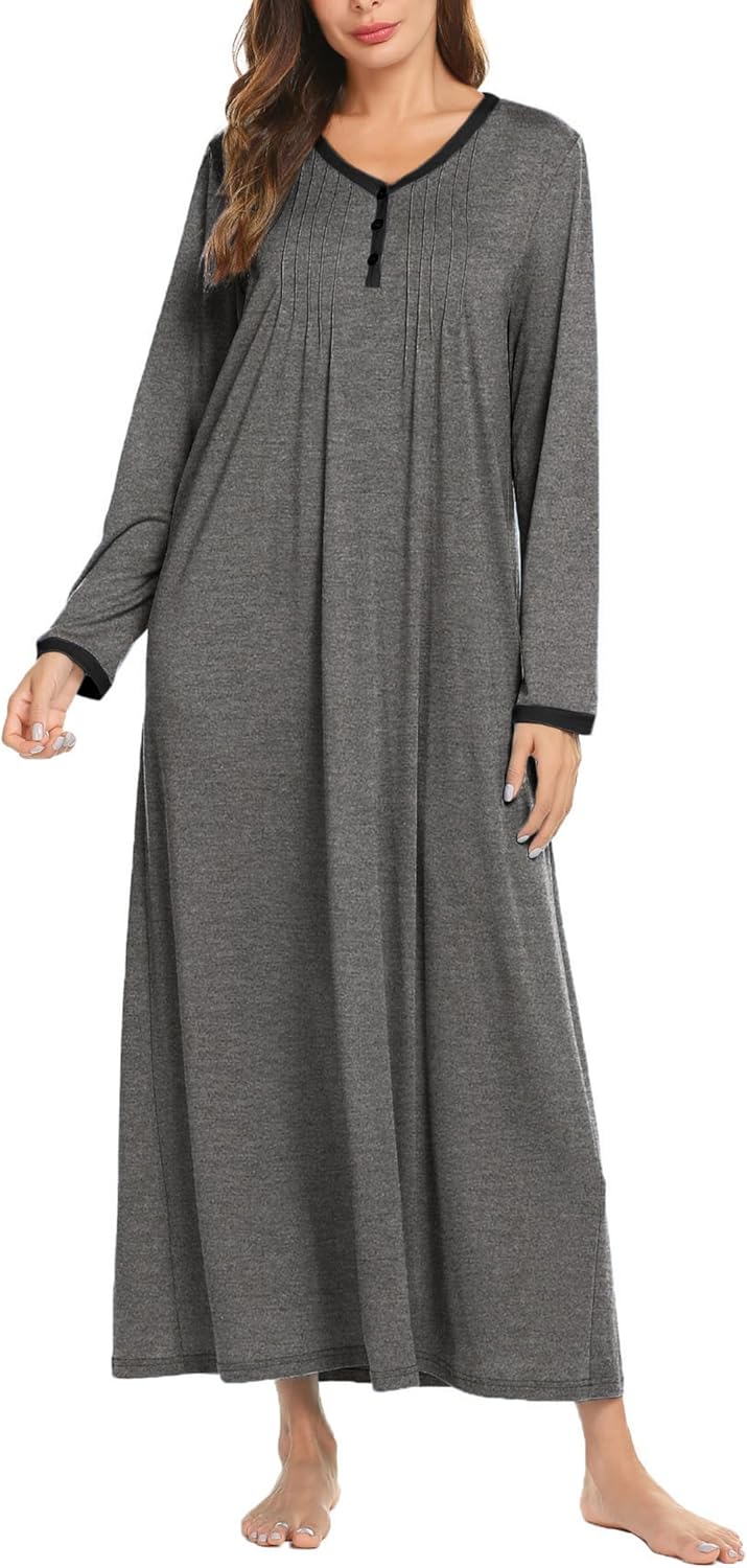 Ekouaer Women's Long Sleeve Nightgown Full Length Sleepwear Long Sleepshirts Henley Sleep Dress S-4XL-69