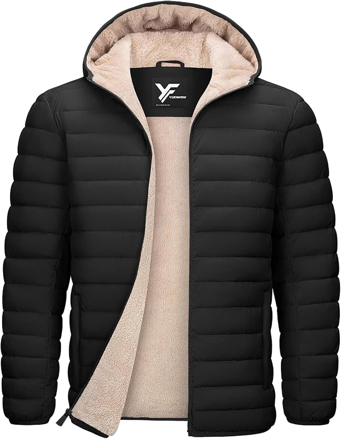 Yufawow Men Puffer Jacket Insulated Warm Coat Sherpa Fleece Lined Lightweight for Cold Weather Outdoor Work Winter Casual Clothes