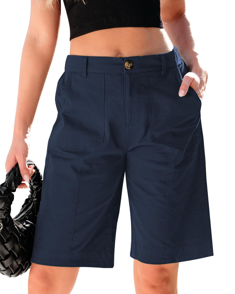 luvamia Bermuda Shorts for Women Knee Length High Waisted Cotton Elastic Waist Summer Dressy Casual Long Chino Shorts