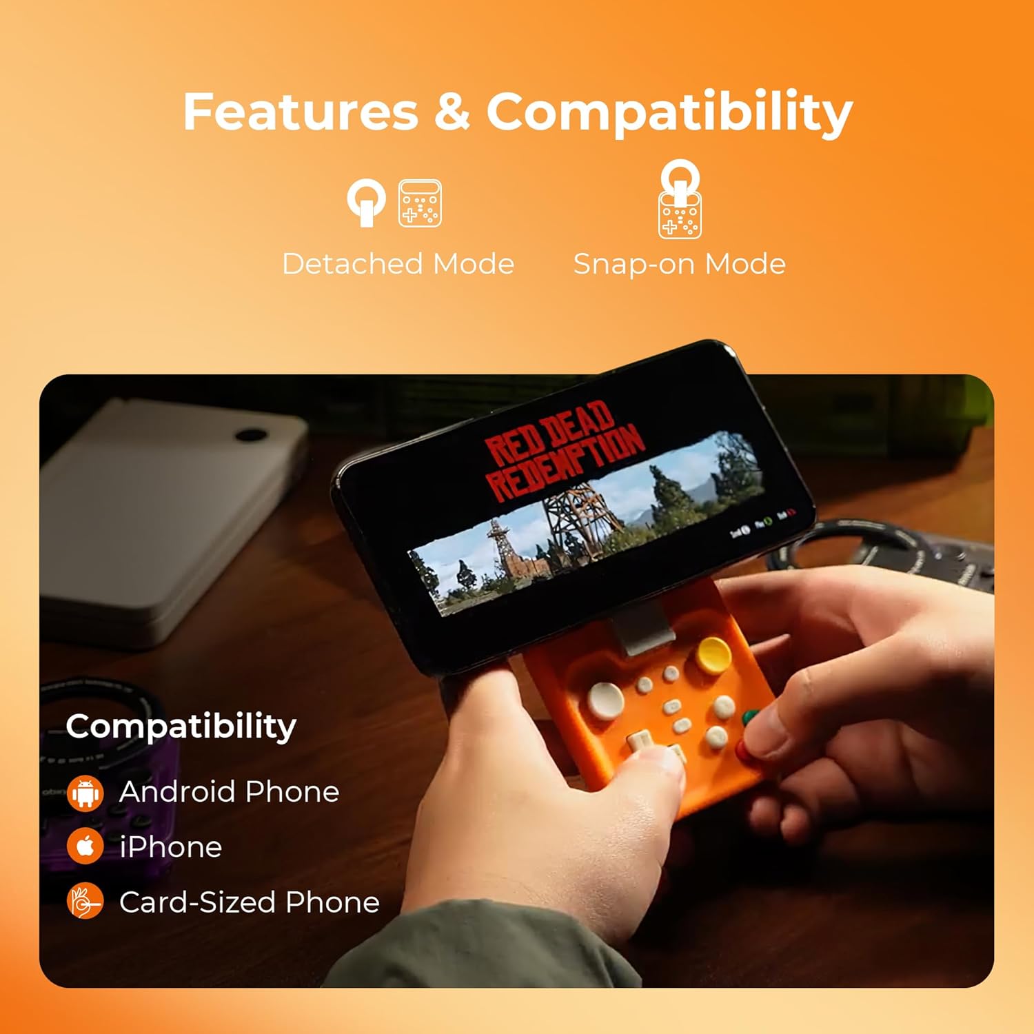 abxylute M4 Snap-On Mobile Gaming Controller for Android & iPhone, Lightweight Portable Phone Controller, Pocket-Sized Retro Emulator Gamepad Kickstand,Dual Joystick Turbo for Pro Gaming,Magnet Orange