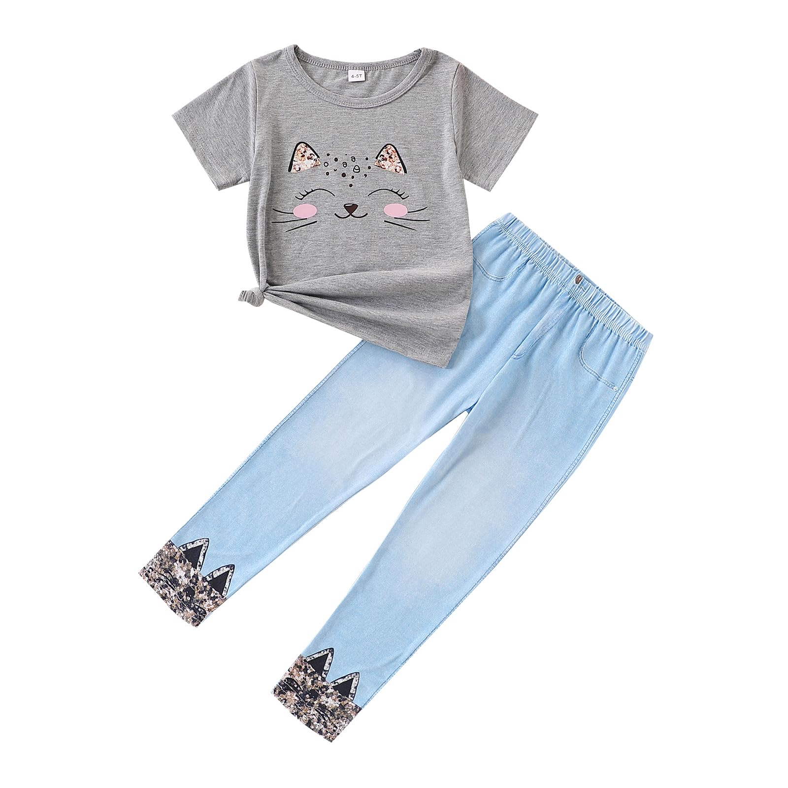 4-8T Toddler Girl Clothes Cat face print Short Sleeve Top+Pants Outfits Girl Spring and summer 2-Piece Set