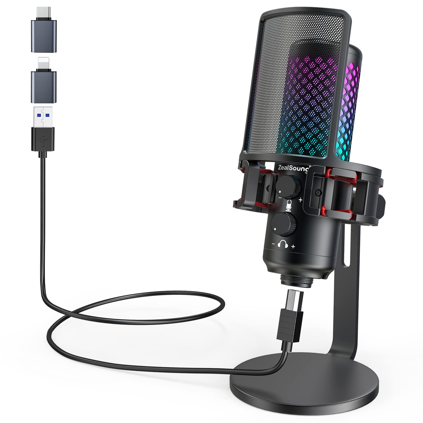 ZealSound Gaming USB Microphone, Noise Cancellation Condenser mic with RGB Light, Touch Mute, Gain, Monitoring for Streaming, Podcast, Twitch, YouTube, Discord, iPhone, iPad, Computer, PS4, PS5, Mac
