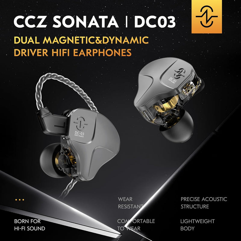 CCZ DC03 IEMs for Gaming with Mic, 1DD HiFi Headphones in Ear Monitors for Singers Musician, Deep Bass Sound Noise Cancelling Wired Gaming Earbuds, IEM Earphones with Detachable Cable(Black, with Mic)