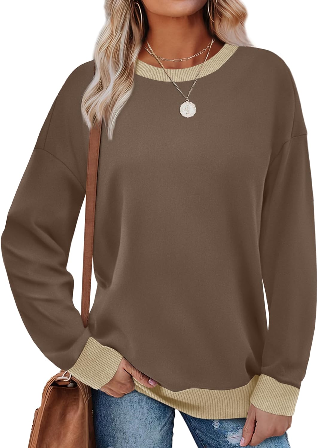 Saloogoe Sweatshirts for Women Crewneck Long Sleeve Loose Fit Tops Color Block Ribbed Trim Fashion 2025-94