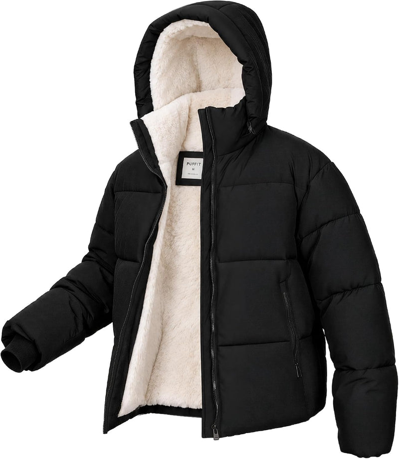 Women's Cropped Puffer Jacket with Faux Fur Lining Quilted Coat Winter