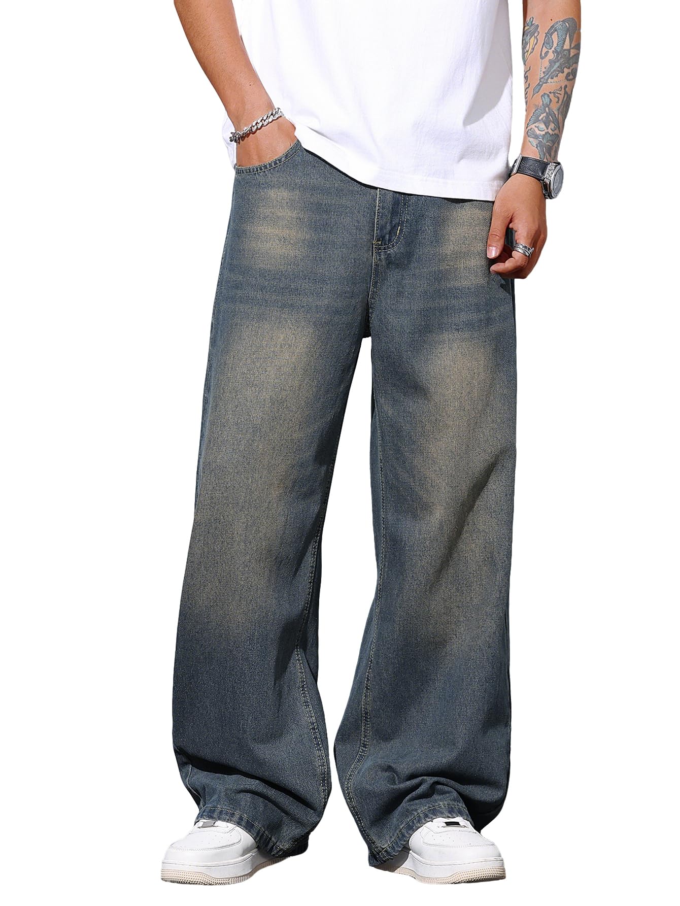 Mens Wide Leg Baggy Jeans Y2k Casual Fashion Loose Denim Pants Work Office Streetwear-66