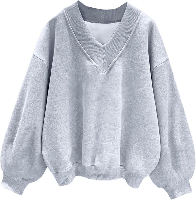 Hilinker Womens V Neck Oversized Sweatshirts Casual Drop Shoulder Long Sleeve Pullover Tops-5