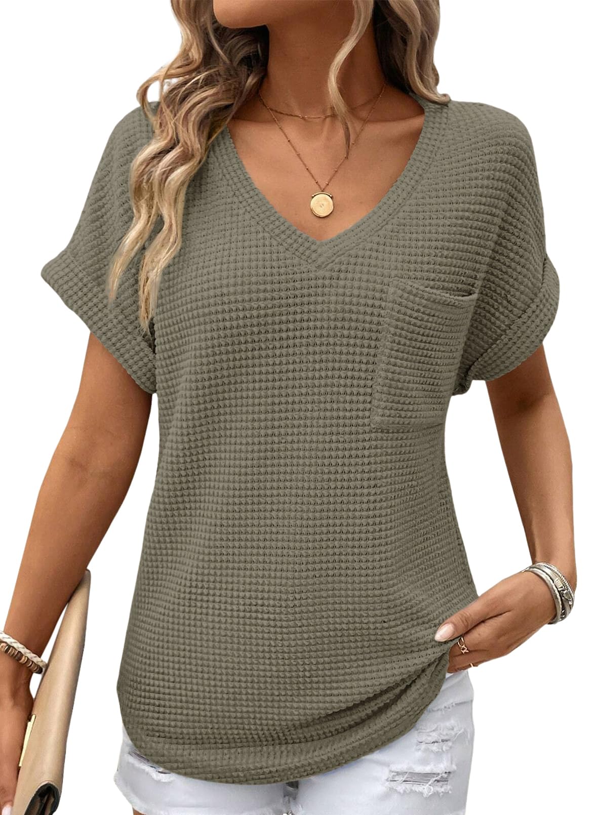 Dokotoo Womens Waffle Knit Tops 2026 Spring Summer V Neck Shirts Casual Trendy Women's Blouses Basic Tee-54