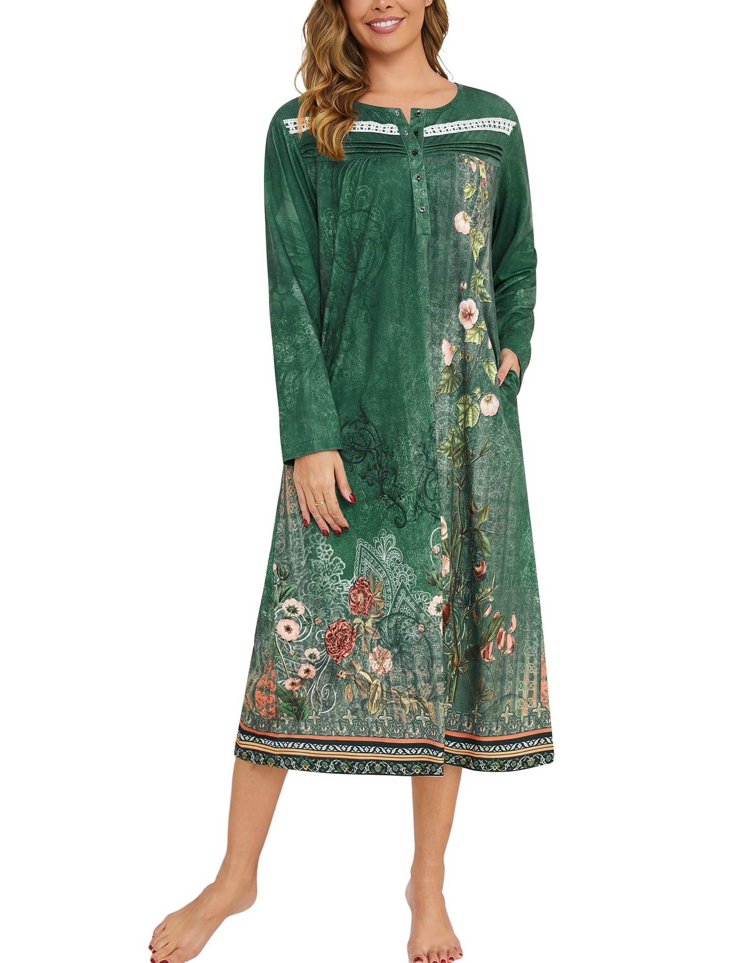 YOZLY Nightgowns for Women Soft Cotton Long Sleeve Night Gwon with Pockets-53