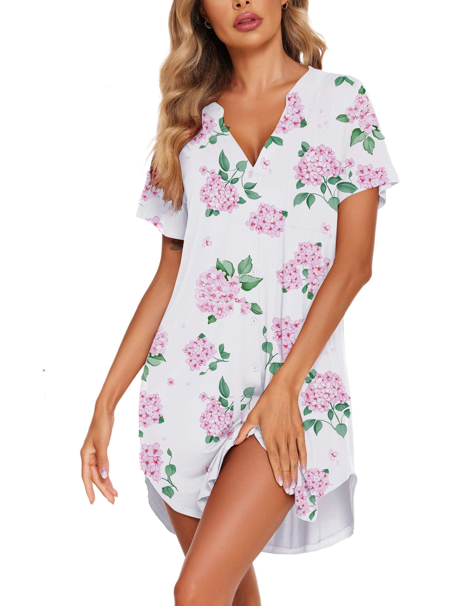 Ekouaer Women V Neck Button Down Nightgown-54