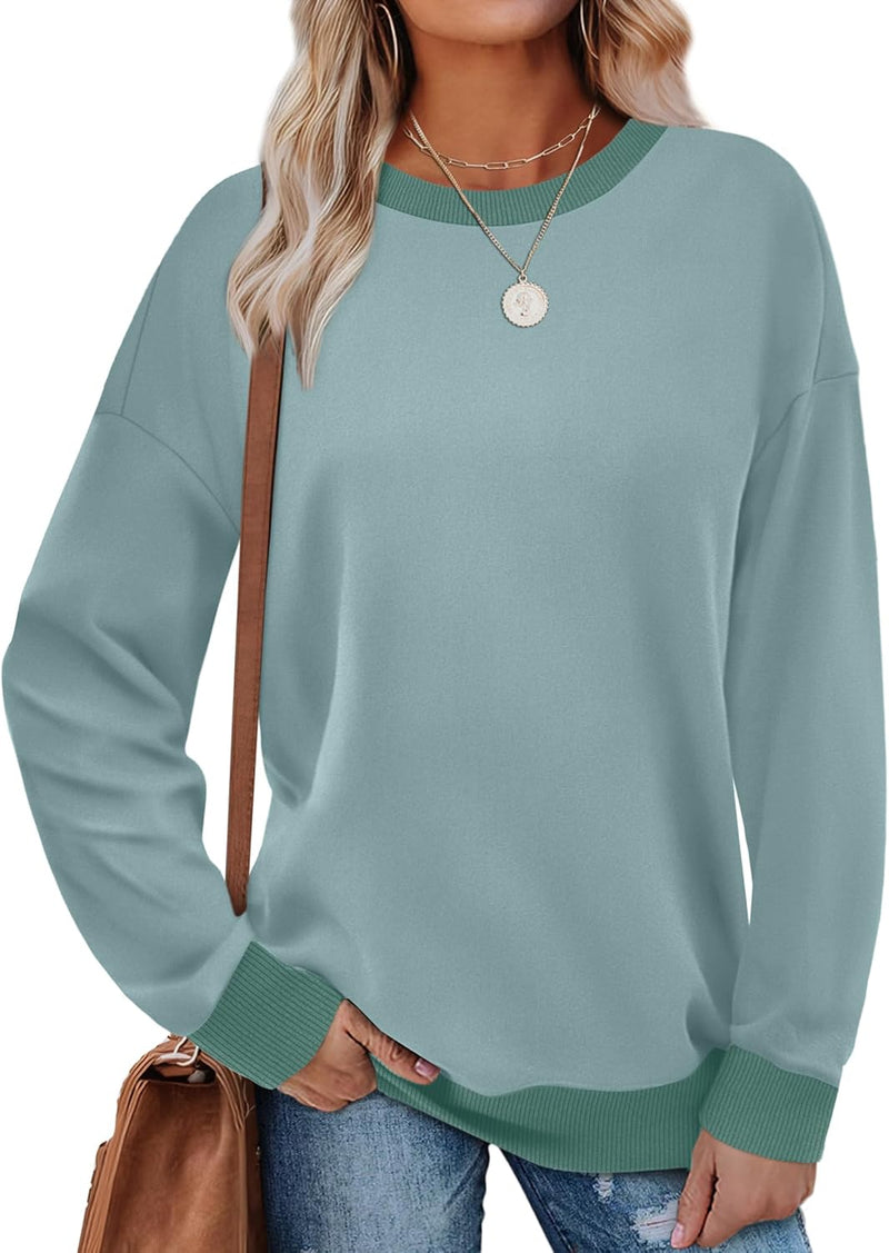 Saloogoe Sweatshirts for Women Crewneck Long Sleeve Loose Fit Tops Color Block Ribbed Trim Fashion 2025-53