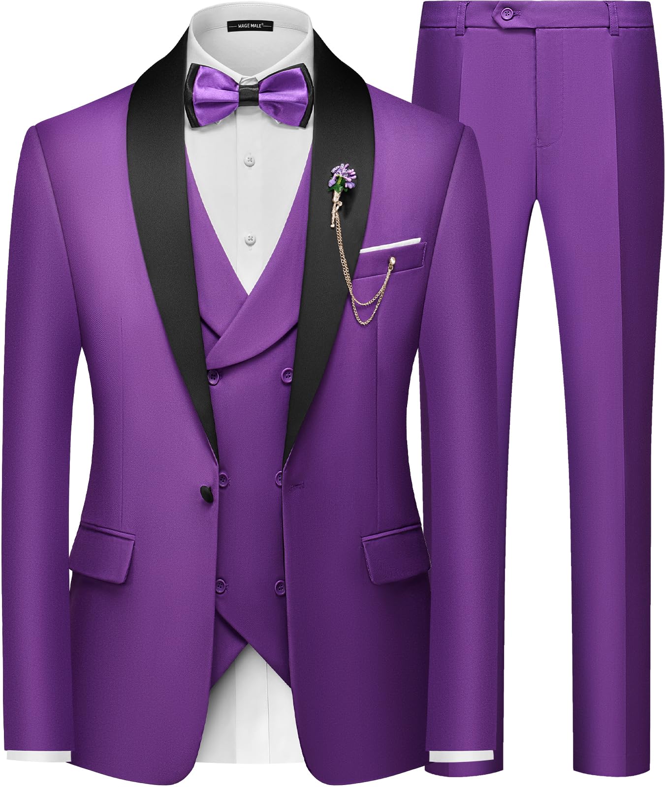 MAGE MALE Men's Slim Fit 3 Piece Suit One Button Solid Shawl Lapel Blazer Jacket Vest Pants Set with Tie Pocket Square-19