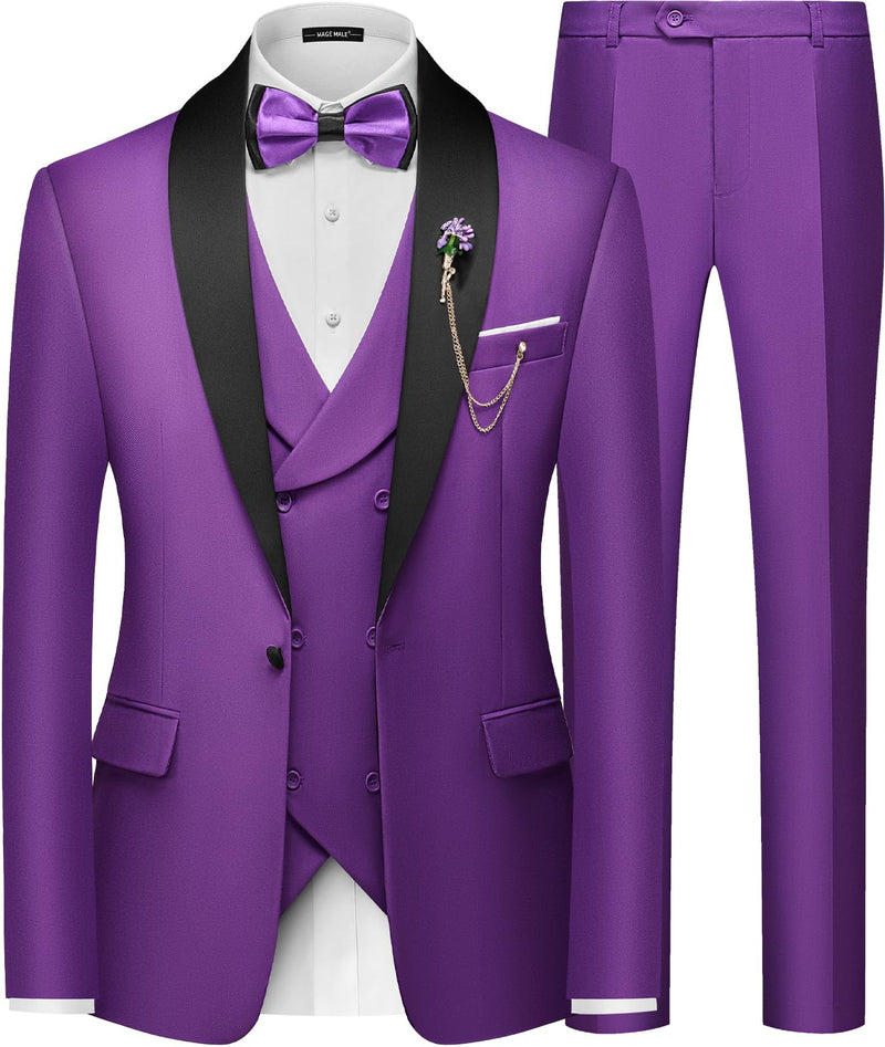 MAGE MALE Men's Slim Fit 3 Piece Suit One Button Solid Shawl Lapel Blazer Jacket Vest Pants Set with Tie Pocket Square-19