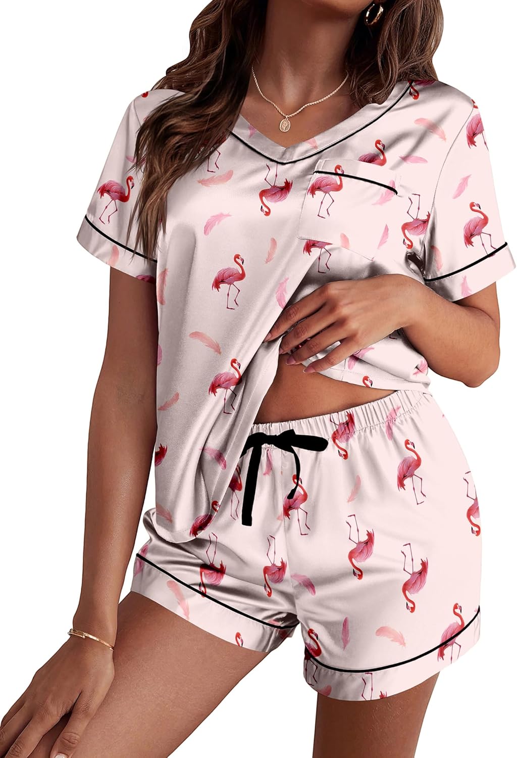 Ekouaer Silk Pajama for Women Short Sleeve Satin Pj Set Two Piece Soft Sleepwear Loungewear, S-XXL-15