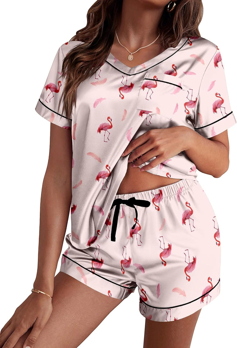Ekouaer Silk Pajama for Women Short Sleeve Satin Pj Set Two Piece Soft Sleepwear Loungewear, S-XXL-15