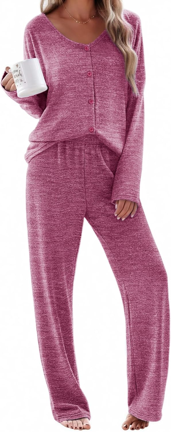 Ekouaer Womens Pajama Sets Button Up Long Sleeve Pjs Soft Lounge Set 2 Piece Sleepwear with Pockets-12