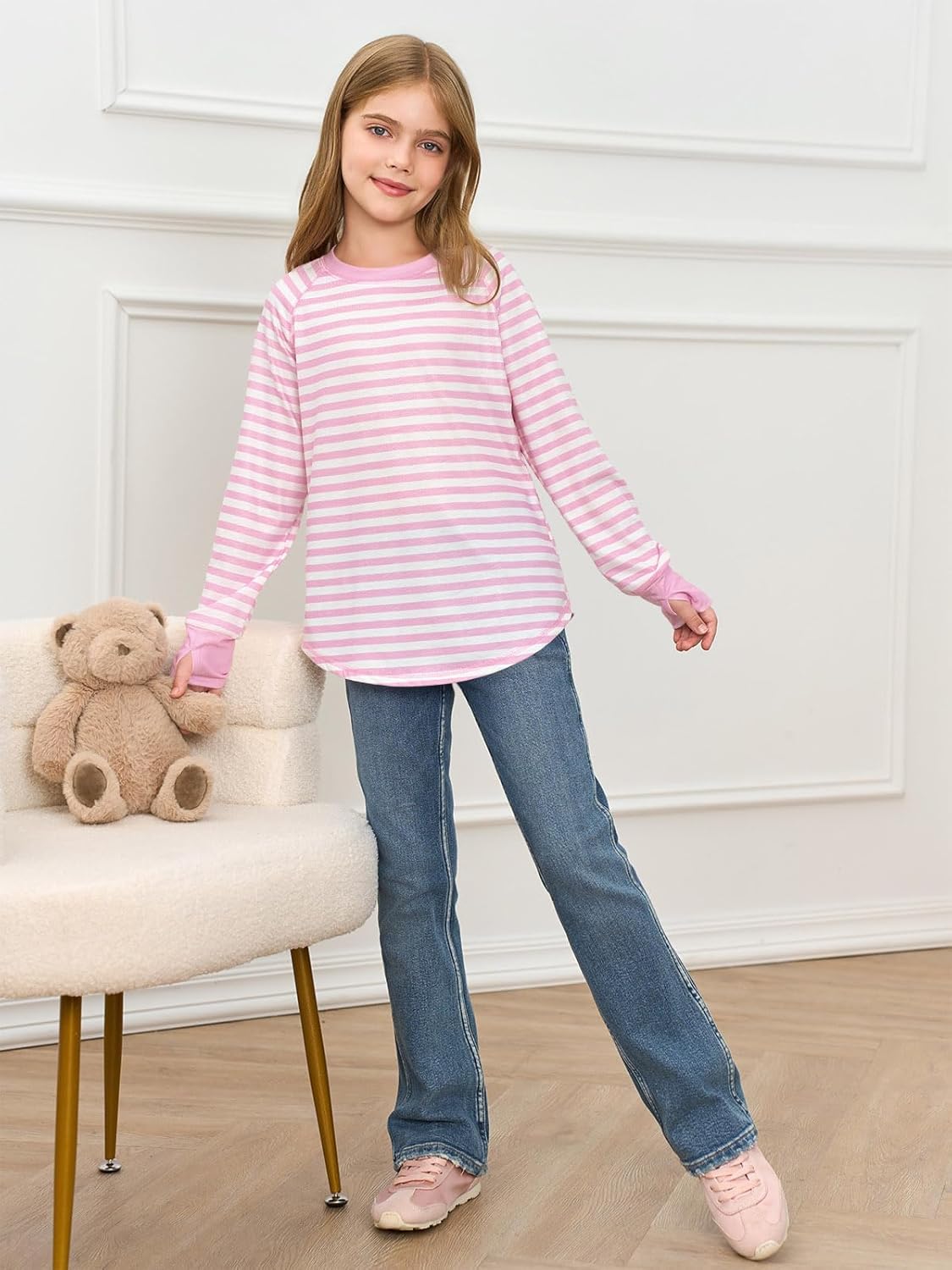 Haloumoning Girls Striped Thumb Hole Long Sleeve Shirts Kids Crewneck Tunic Tops Curved Hem Tees 5-14 Years
