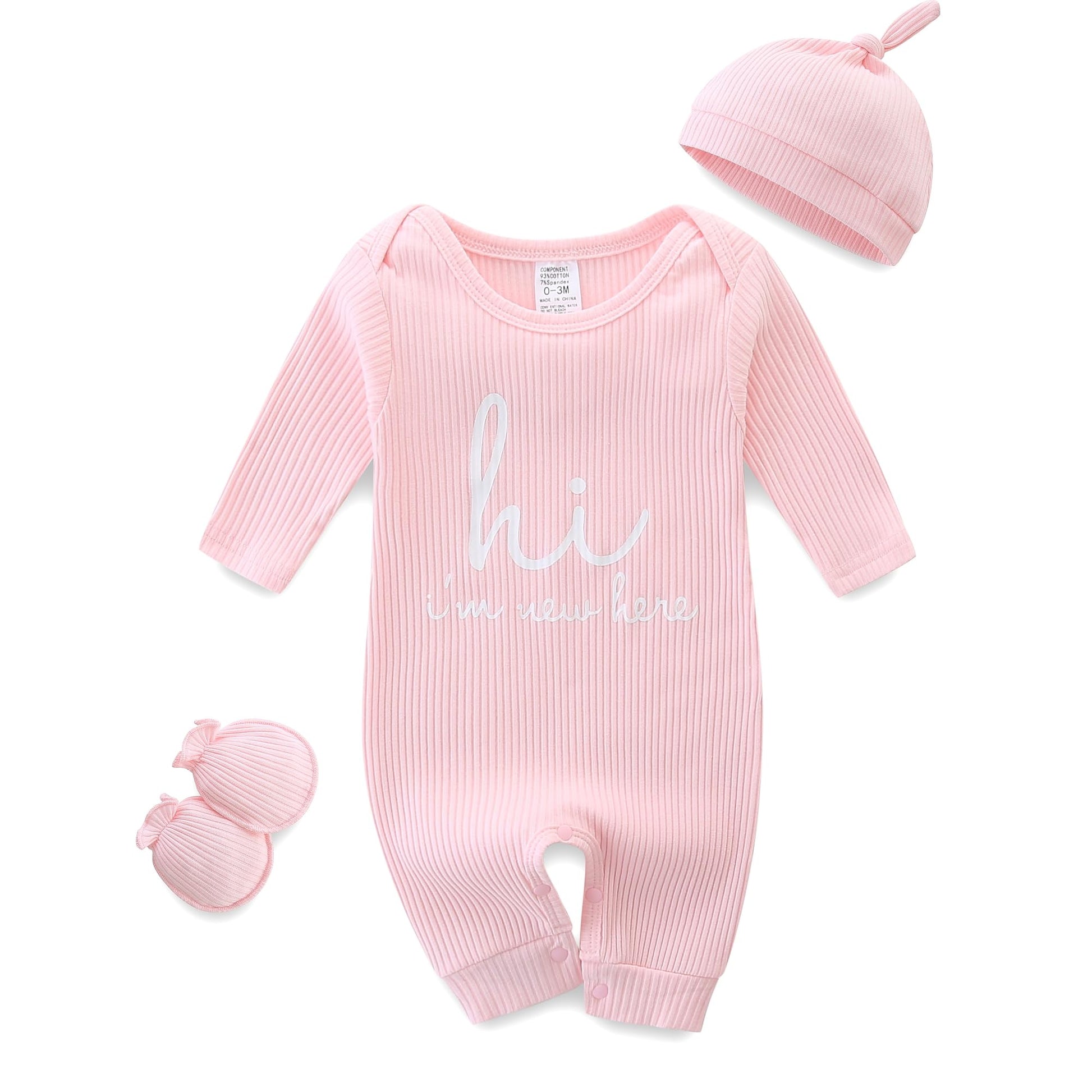 Baby Romper with Baby Mittens & Newborn Hats Footless Long Sleeve Solid Onesie Hi Im New Here-9