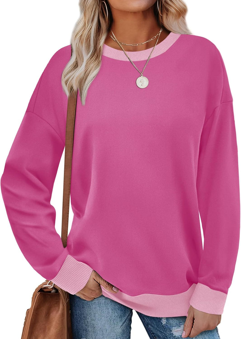 Saloogoe Sweatshirts for Women Crewneck Long Sleeve Loose Fit Tops Color Block Ribbed Trim Fashion 2025-86