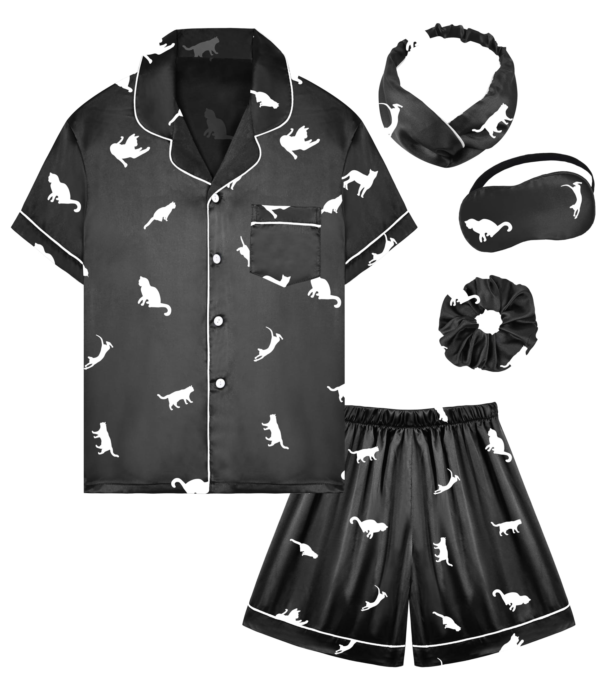 EPLAZA Kids Satin Pajamas Sets Girls Boys Button-Down Silky Pajamas Sleepwear with Hairband Eye Mask Hair Tie