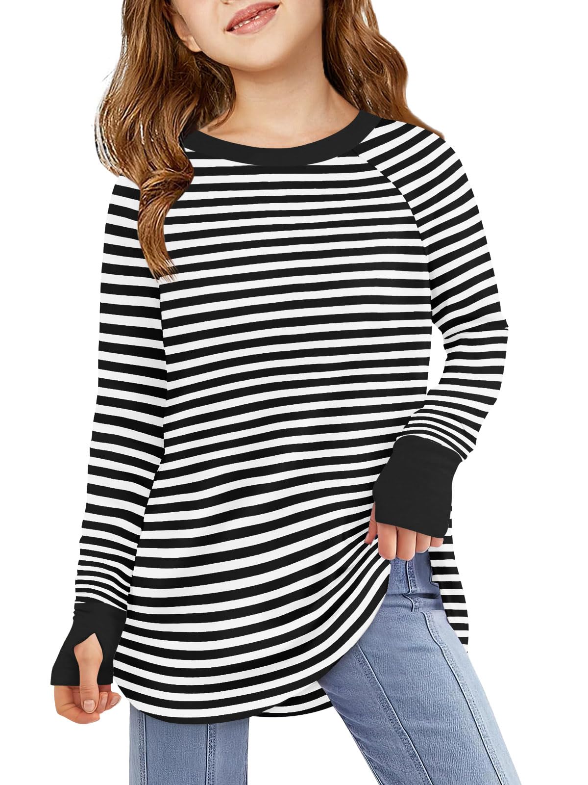 Haloumoning Girls Striped Thumb Hole Long Sleeve Shirts Kids Crewneck Tunic Tops Curved Hem Tees 5-14 Years