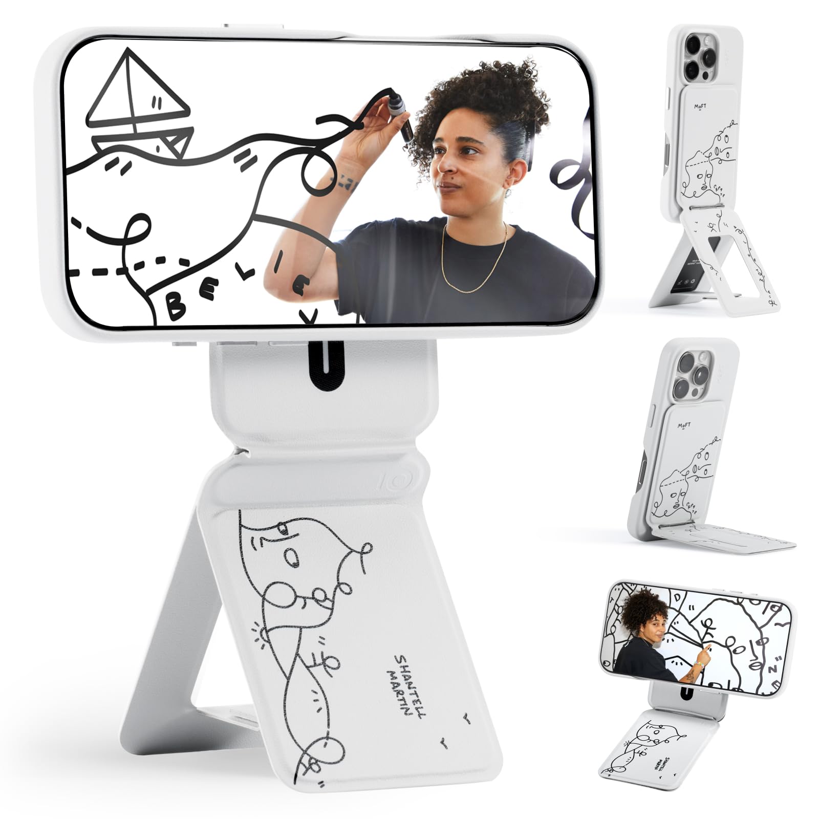 MOFT Phone Tripod Stand Selfie Stick for iPhone, Multi-Angles iPhone Stand, Lightweight & Portable Phone Holder, Strong Magnets, MOVAS Vegan Leather, Travel Essentials, Seafoam (Without Card Slot)